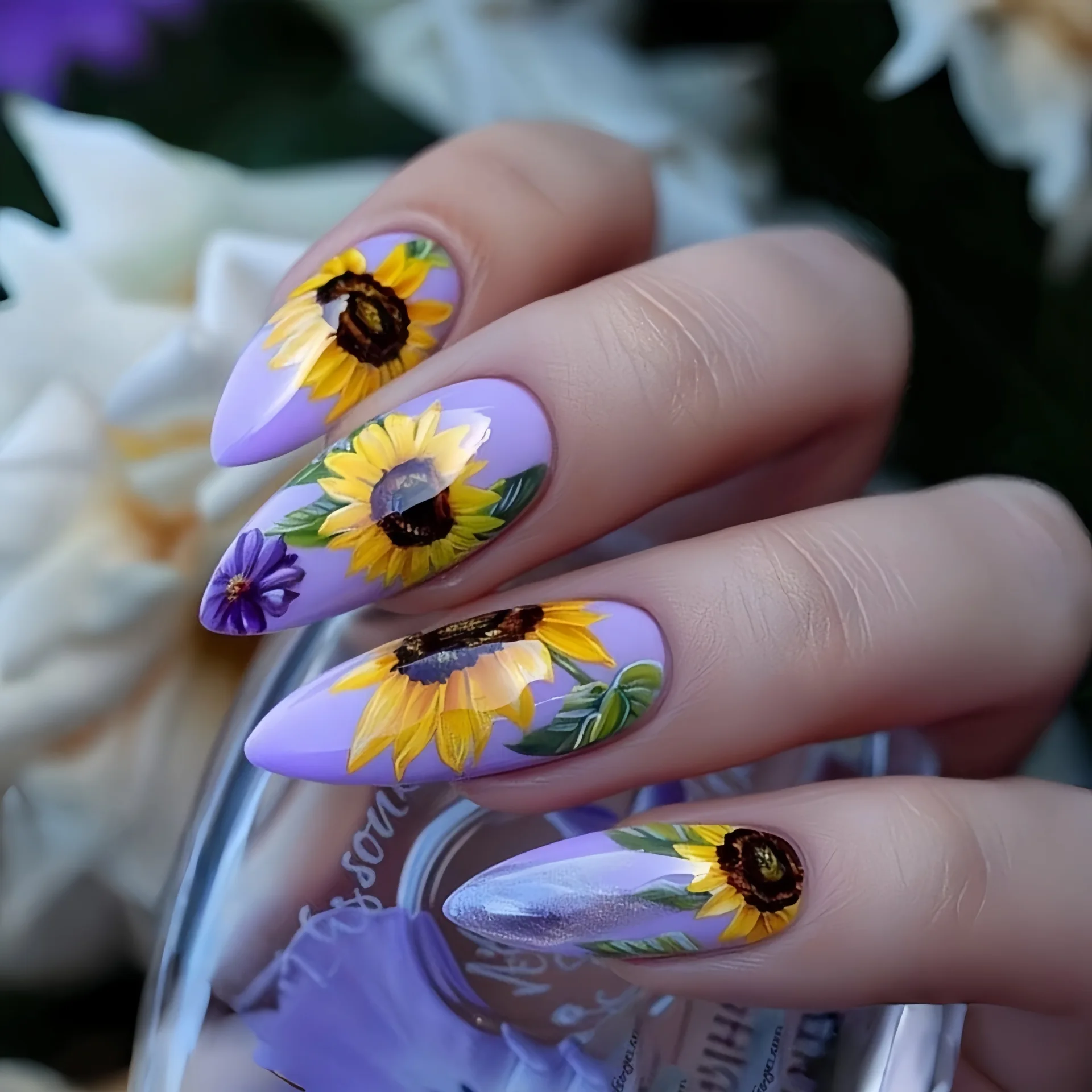 Mittellange künstliche Nägel für Frauen und Mädchen, Frühling-Sommer-Gänseblümchen-Design, Ballett-Mandel-Nagelspitzen, vollständig abdeckende Acryl-Press-on-Nägel