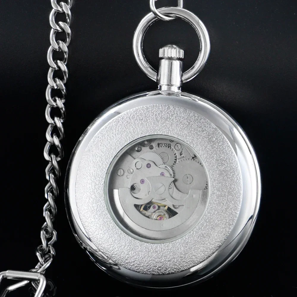 SHUHANG New Mechanic Watch Men Automatic Self Winding Pocket Watch Silver Simple Open Face Chain Pendant with Roman Number