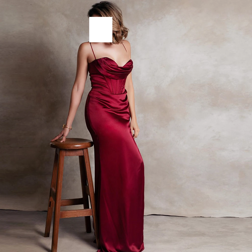 

Sexy Straight Burgundy Floor Length Evening Dress Elegant Square Neck Spaghetti Straps Satin Sleeveless Pleats Sweep Train