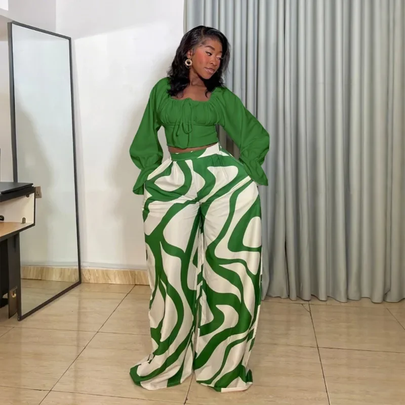 

GUWU Элегантный осенний женский комплект, блузки с длинными рукавами-фонариками, топы и широкие брюки, праздничный комплект из 2 предметов 2025 года, спортивный костюм