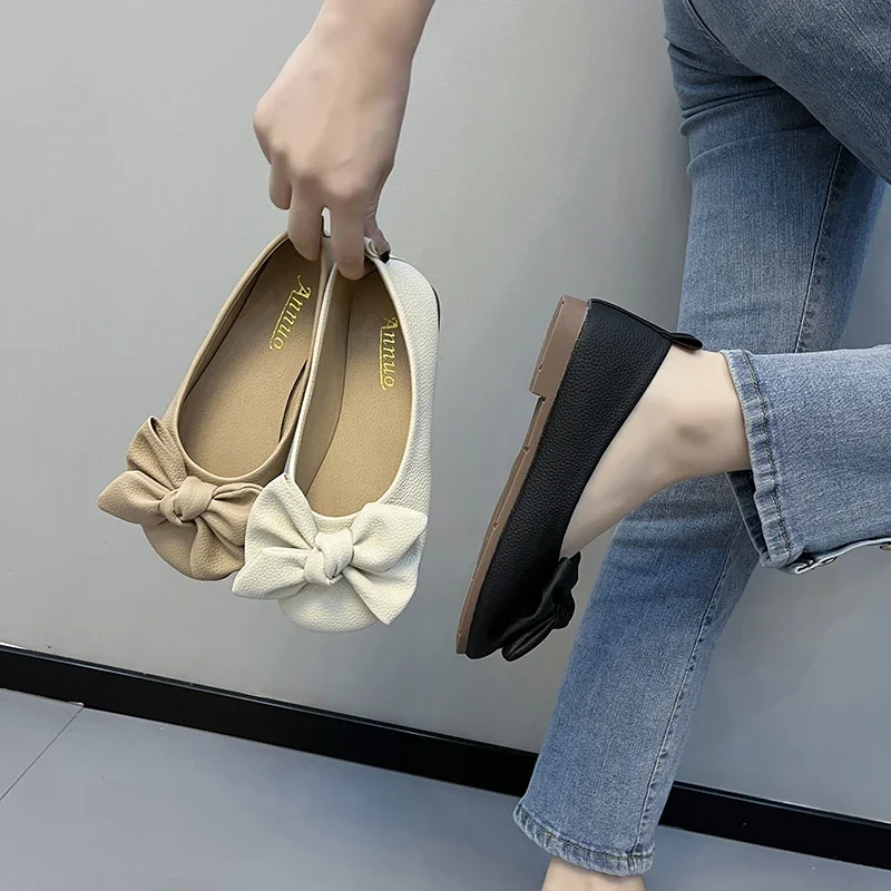 ใหม่ผู้หญิง Bow SLIP-ON หนัง Loafers สุภาพสตรีรอบ Toe Flats รองเท้าพยาบาลรองเท้าผ้าใบฤดูใบไม้ผลิฤดูใบไม้ร่วงแฟชั่นรองเท้าบัลเล่ต์