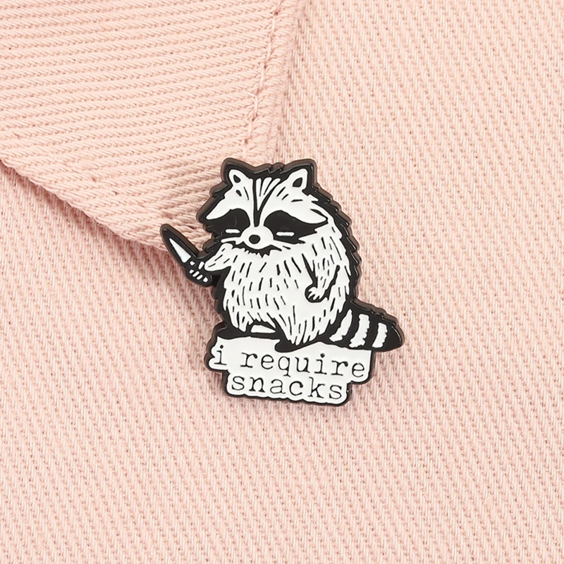 I Require Snacks Enamel Pin Cartoon Raccoon with Knife Funny Cute Animal Brooch Lapel Badge Fashion Jewelry Gift for Friends 