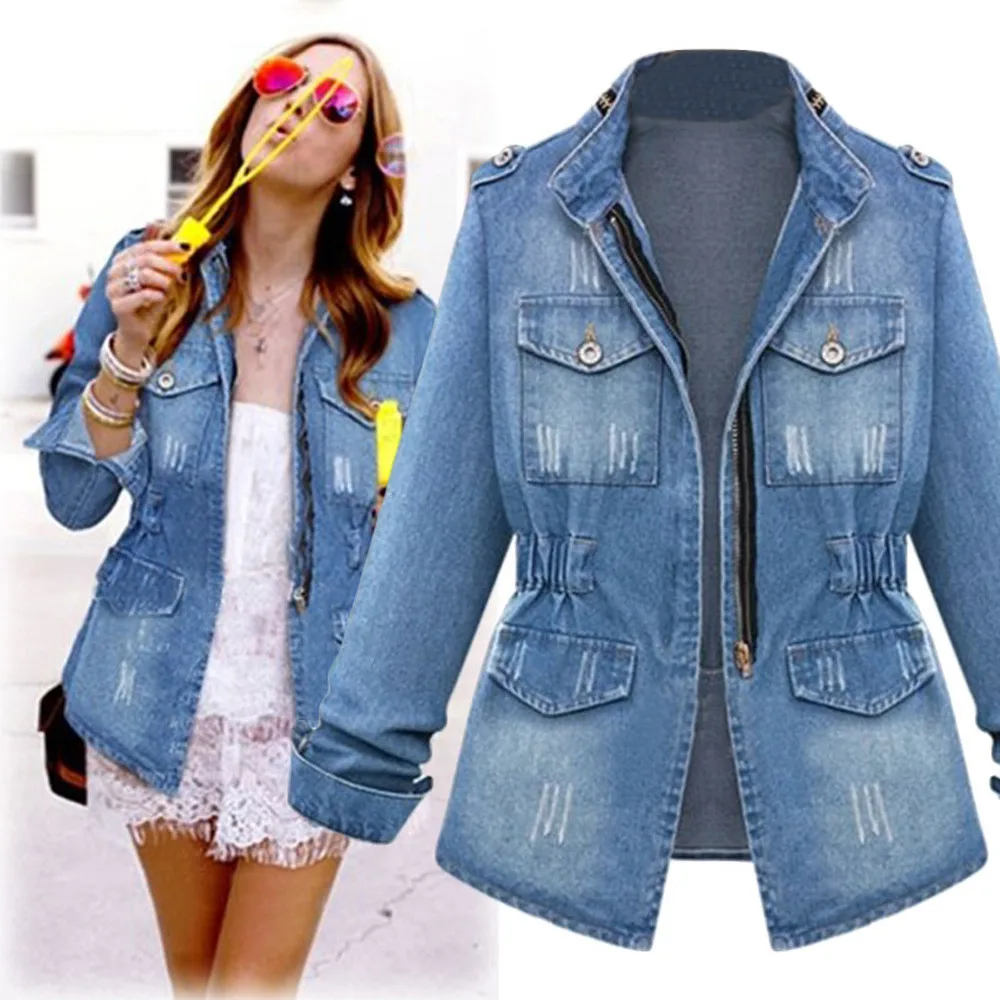 2021 Plus Size Denim Jacket Womens Casual Solid Casual Oversize Autumn Ladies Slim Jeans Chain Jacket Pocket Coat