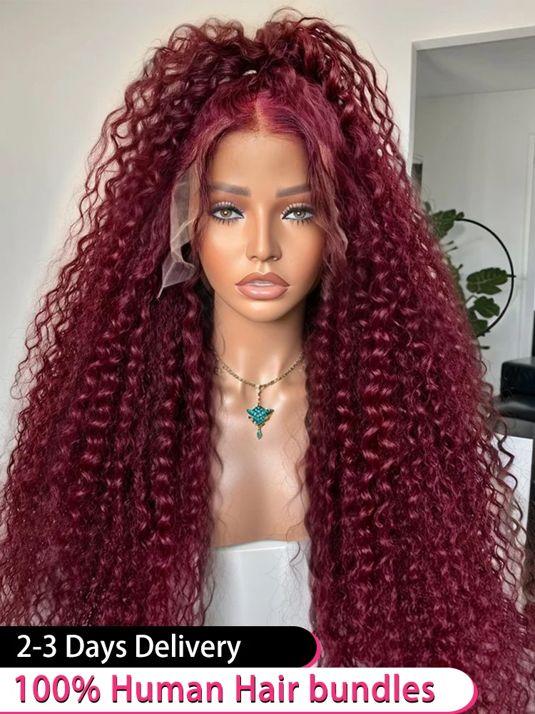 

13x6 99J Burgundy Deep Wave Lace Frontal Human Hair Wigs 13x4 Curly 30 40 Inch HD Transparent Lace Front Wigs Brazilian Red Wine