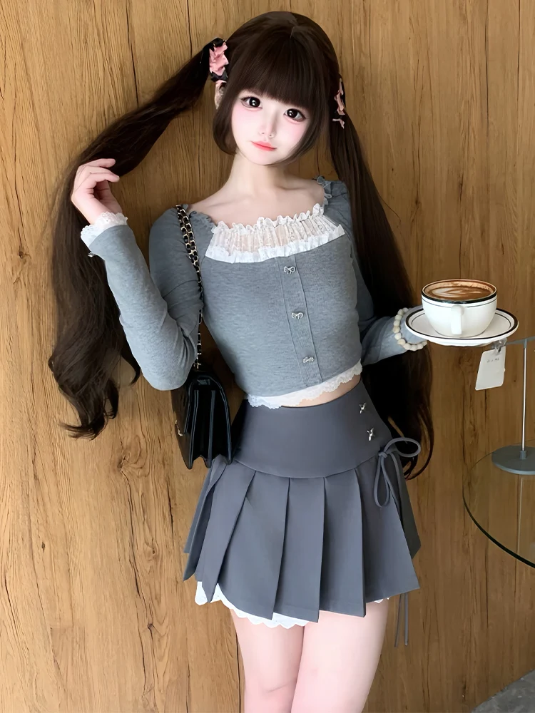 Japanese Sweet Cute Versatile Lace Splicing Square Collar Off-shoulder Long-sleeve Gray Short Inner Shirt Crop Tops Women Autumn