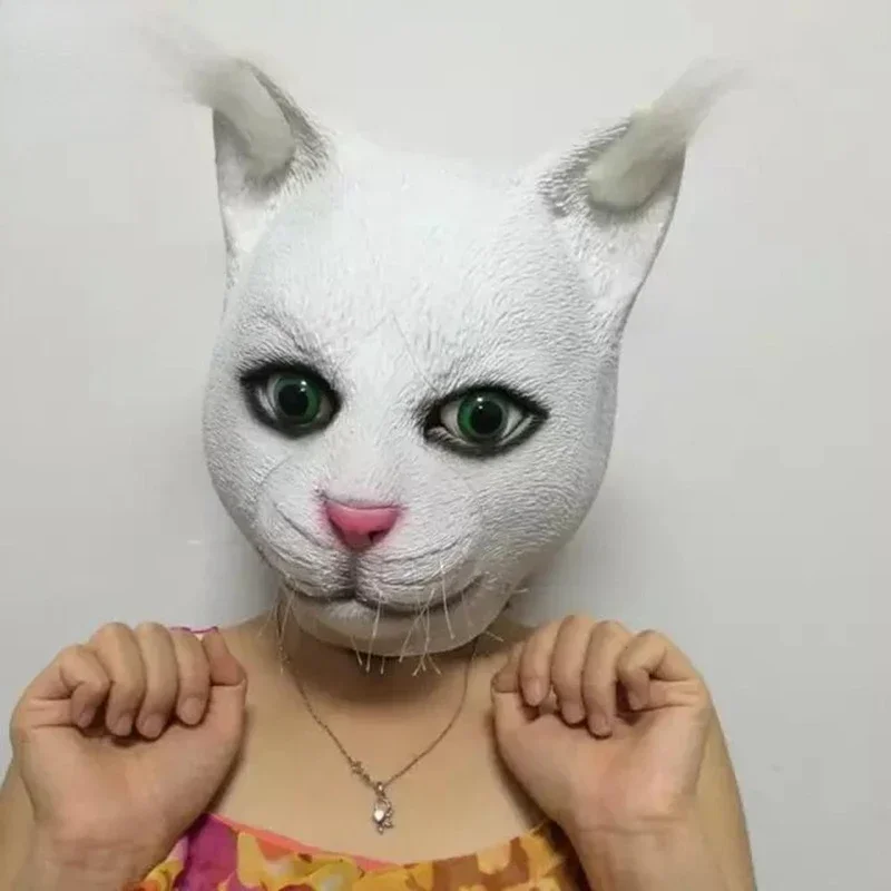 Cute Realistic White Cat Halloween Adult Full Face Latex Masquerade Personality Cosplay Party Black Mask MN12