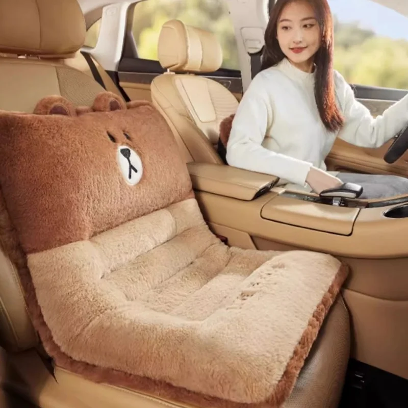 Coussin de siège de voiture marron Line Friends pour femme, dessin animé mignon en velours, peluche féminine, chaud, confortable, taille une pièce, automne, hiver