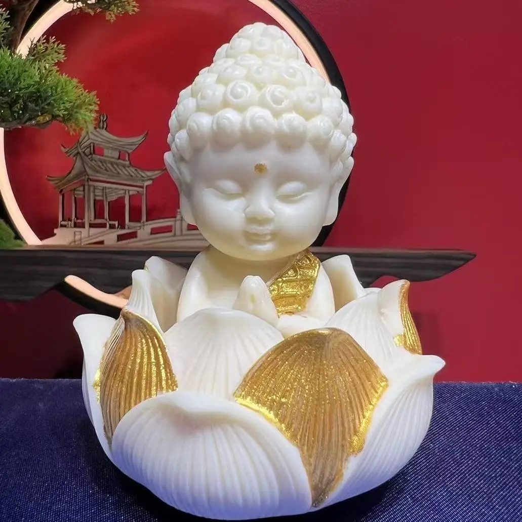 Mini Cute White Buddha Statue on Lotus Flower, Faux Ivory Resin Car Dashboard Ornament, Feng Shui Zen Decor for Home Office Desk