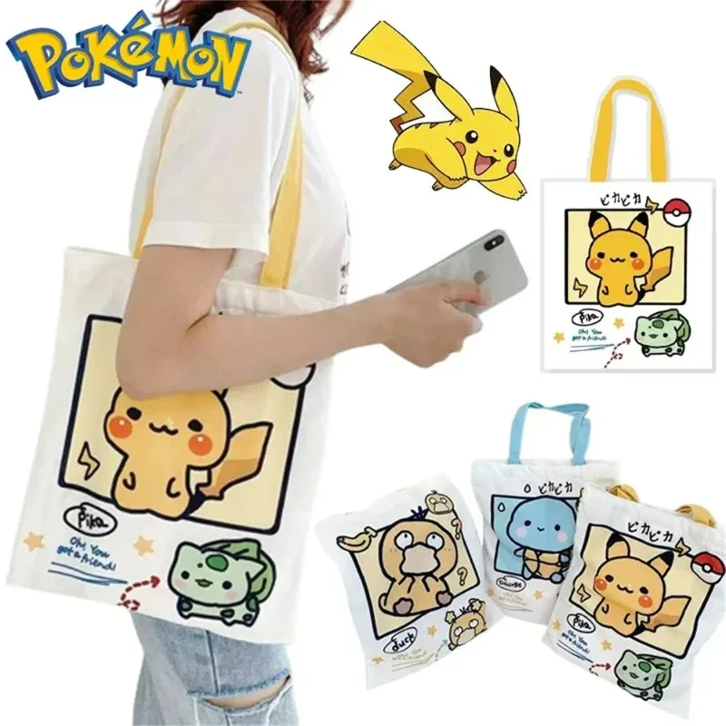 

Anime Pokemon Pikachu Canvas Shoulder Bags Psyduck Squirtle Ladies Casual Handbag Reusable Large Capacity Women Shopping Bag