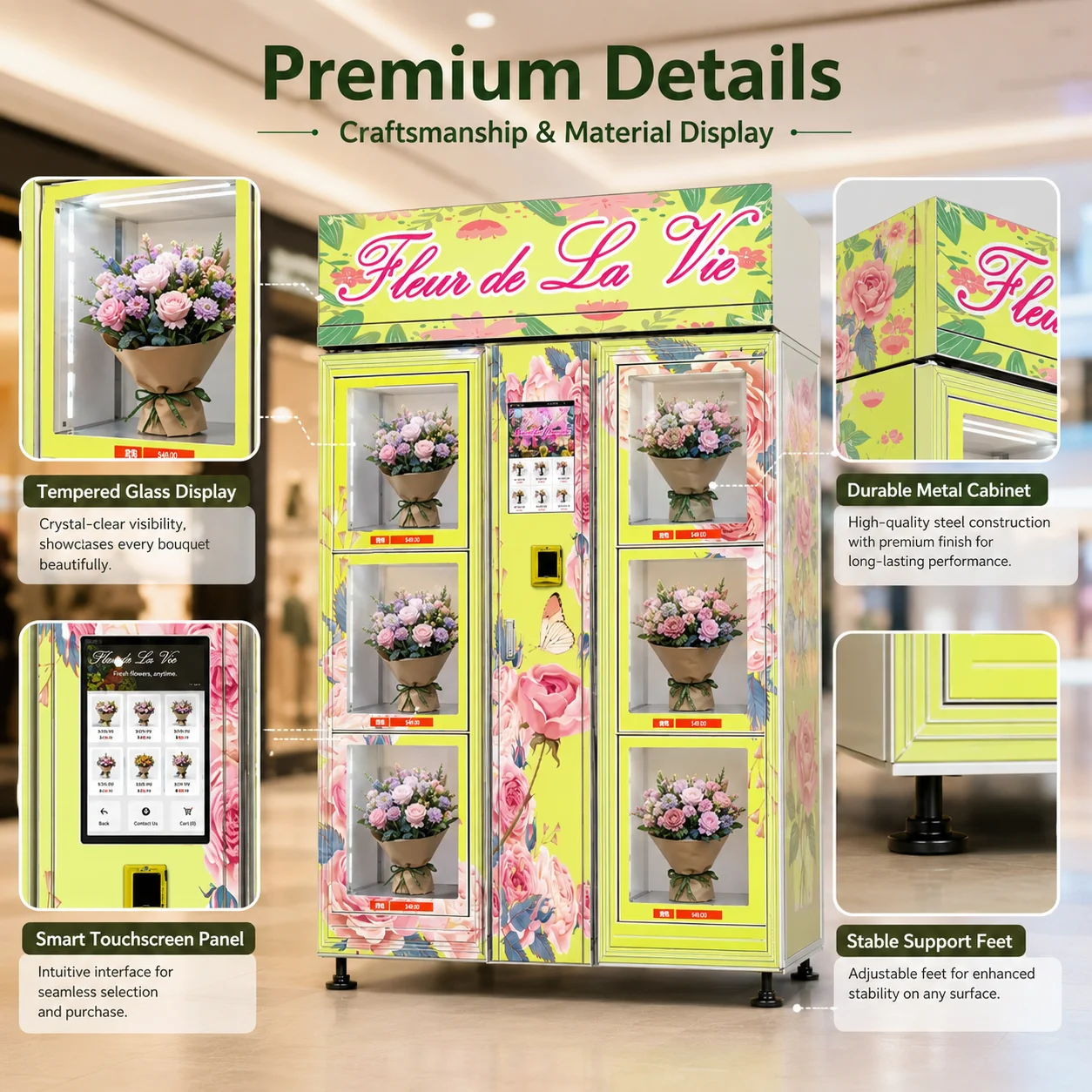 Fresh Flower Vending Machine Touch Screen Cooling Unit, Temperature Controlled Locker for Bouquet Retail Business Customized