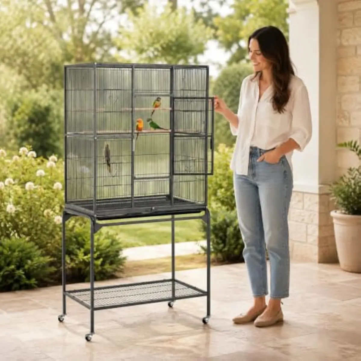 Spacious 63 inch wrought iron aviary cage with removable rolling stand 360 degree casters slide out tray and multi access doors