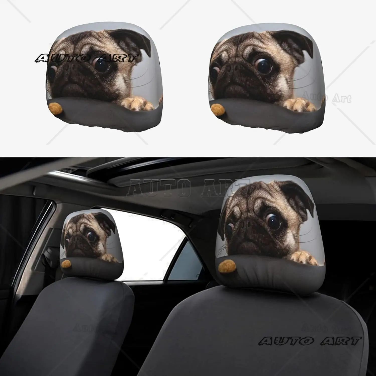 

Cute Pug Dog Print Universal Car Headrest Cover Soft Car Seat Head Rest Cover Accessories Protector Rest Truck Auto Set of 2