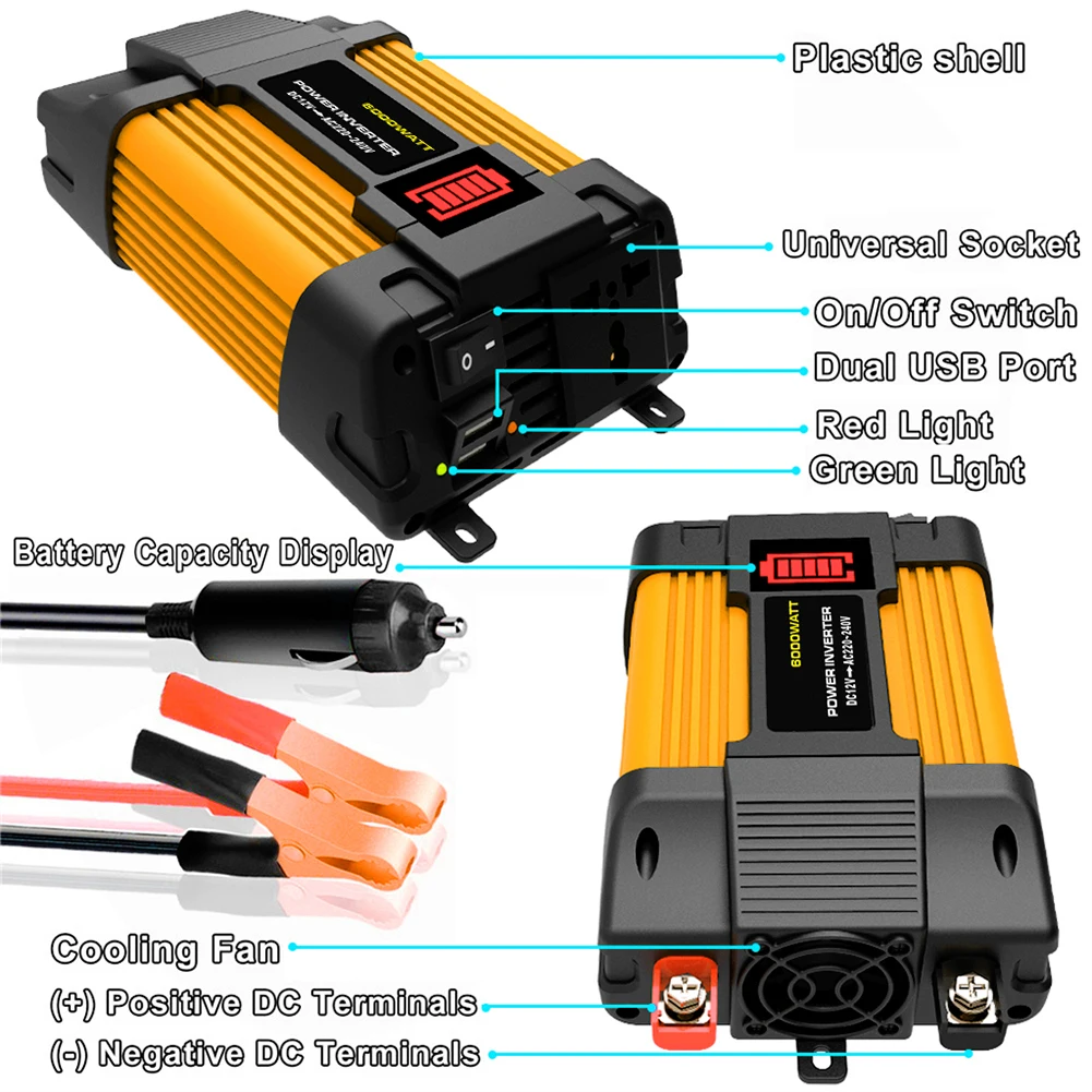 118 characters 6000W Car Power Inverter 12V to AC 220V Transformer Converter with LED Green&Red Work Lights and USB Ports
