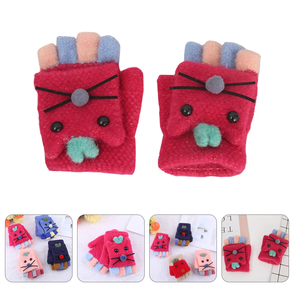 

1 Pair Kids Cartoon Cat Half Finger Gloves Lined Warm Knitted Flip Cover Comfortable Writing Gift For Christmas New Year