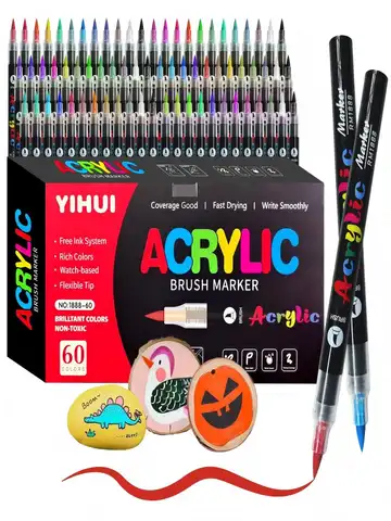 12/24/36/48/60 Colors Acrylic Paint Pens Markers Brush Tip Paint Markers For Rock Painting Wood Stone Glass Gift DIY Crafts