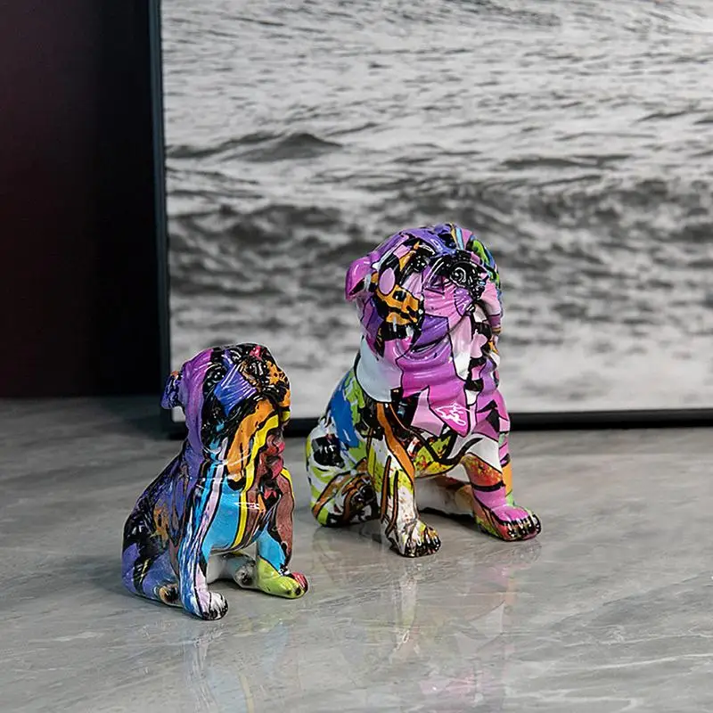 Pug Statue 2X Colorful Dog Home Decorations Dog Sculpture Creative Graffiti Art Decoration For Dog Lovers Bedroom Living Room