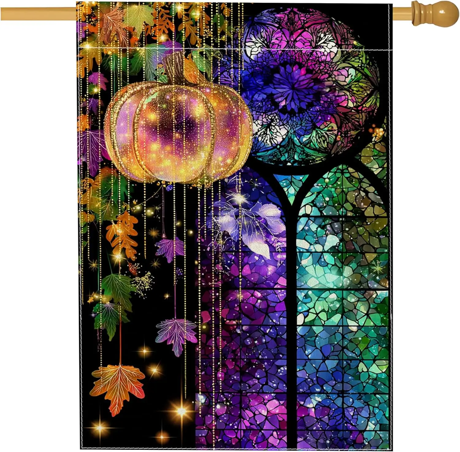 Autumn Harvest Pumpkin Garden Flag, Colorful Stained Glass Decor Banner, Double Sided Polyester Yard Flag for Halloween Than UUX