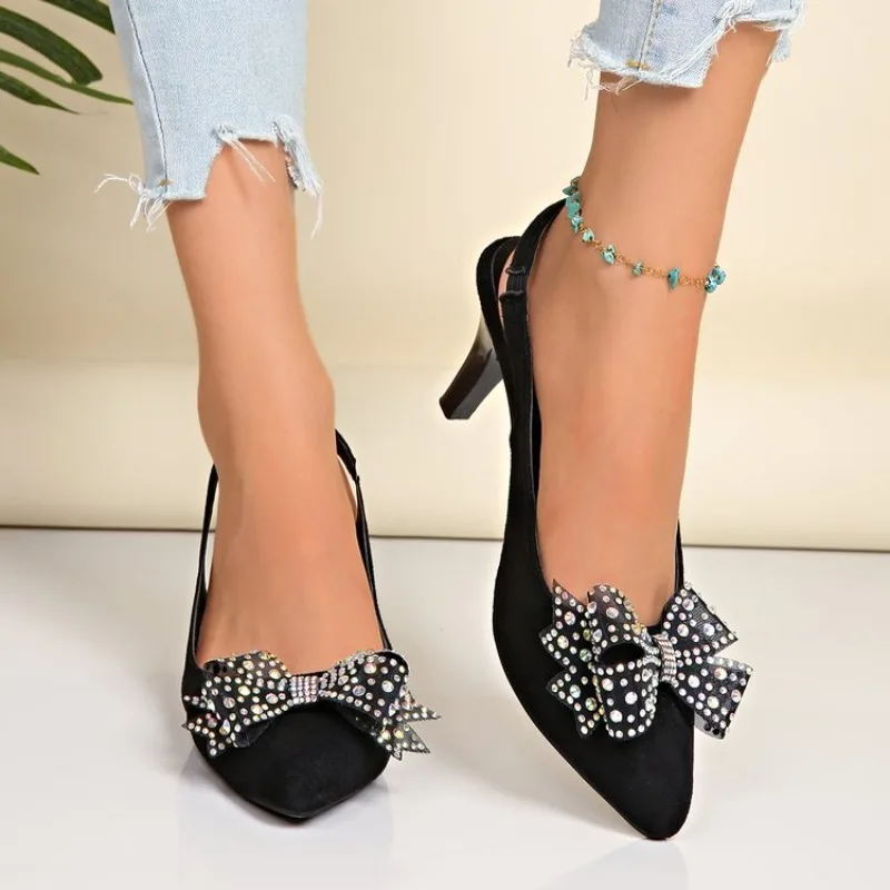Women's Slingbacks Pointed Toe Kitten Heel Suede Look Finish Rhinestone Bow Detail Special Evening Party Wedding Banquet Shoes