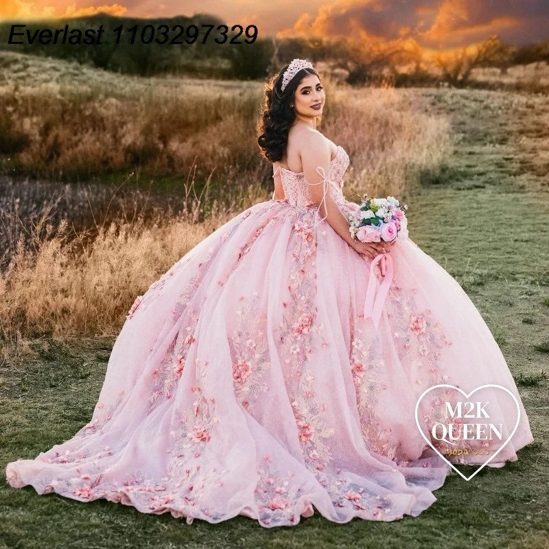 EVLAST Princess Pink Quinceanera Dress Ball Gown 3D Flowers Lace Applique Beaded Mexican Sweet 16 Vestidos De 15 Anos TQD768