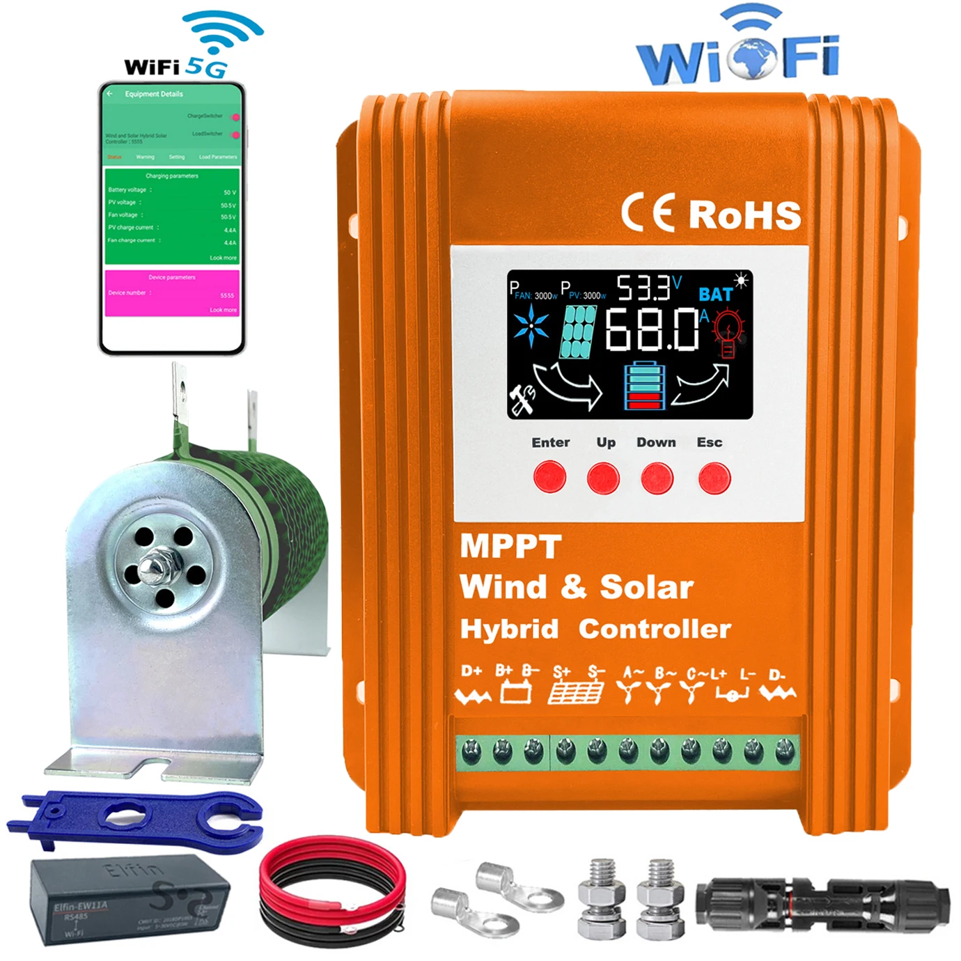 

3000W 5KW 6KW 9KW 12V 24V 48V WIFI MPPT Hybrid Solar Wind Controller With Unloading Load LCD Display For Lifepo4 Full Battery