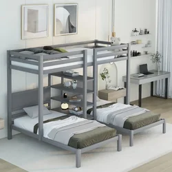 Euroco Modern Bedroom Twin over Twin & Twin Bunk Bed with Shelf, 3-in-1 Bunk Bed for Kids Bedroom, Gray