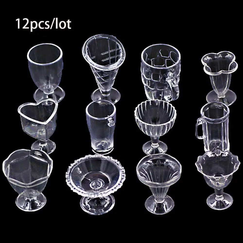 12pcs/lot Transparent Plastic Model Miniature Cup Ice Cream Bowl Kitchen DIY Toys Simulation Cookware Dollhouse Accessories