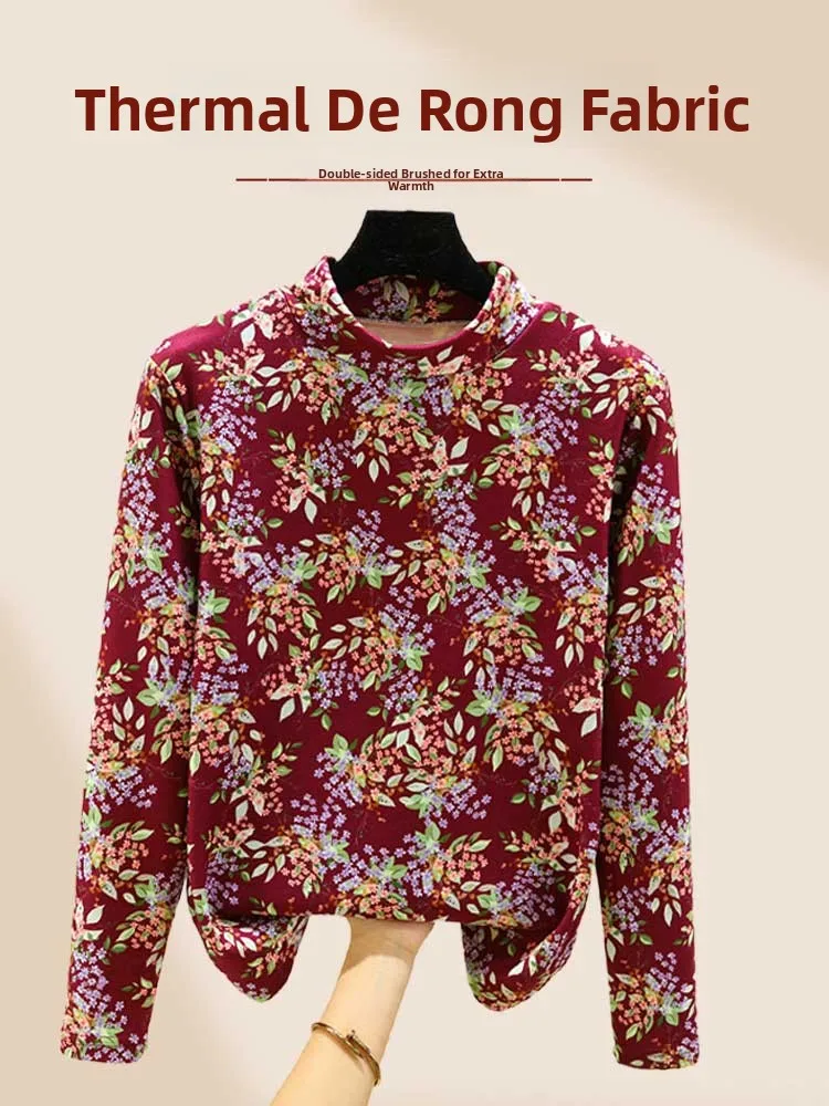 Thickened Fleece Floral Print Base Shirt Double-Sided Brushed De Long Sleeve High Collar Women's Thermal Top Winter Warm T-Shirt