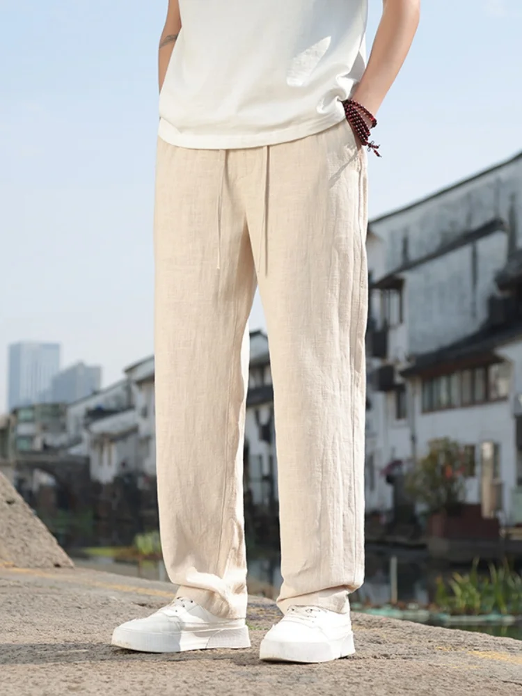 

Мужские летние тонкие свободные прямые брюки из высококачественного хлопка и льна, повседневные, дышащие, комфортные, прямого кроя