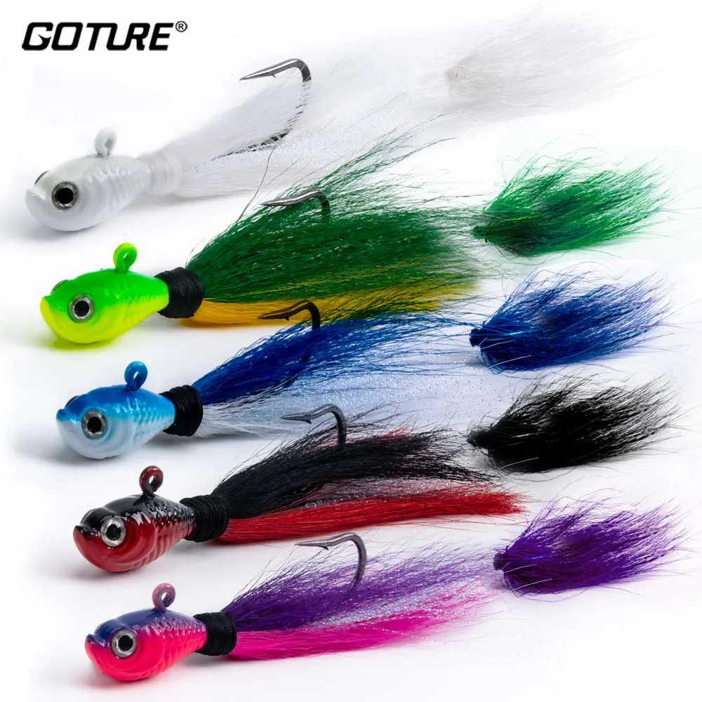 

Goture 5pcs/lot Bucktail Jigs Head Hook 3D Eyes Bait 7g 14g 28g 56g Deer Hair Feather Hook Beard Jigging Lure Fishing