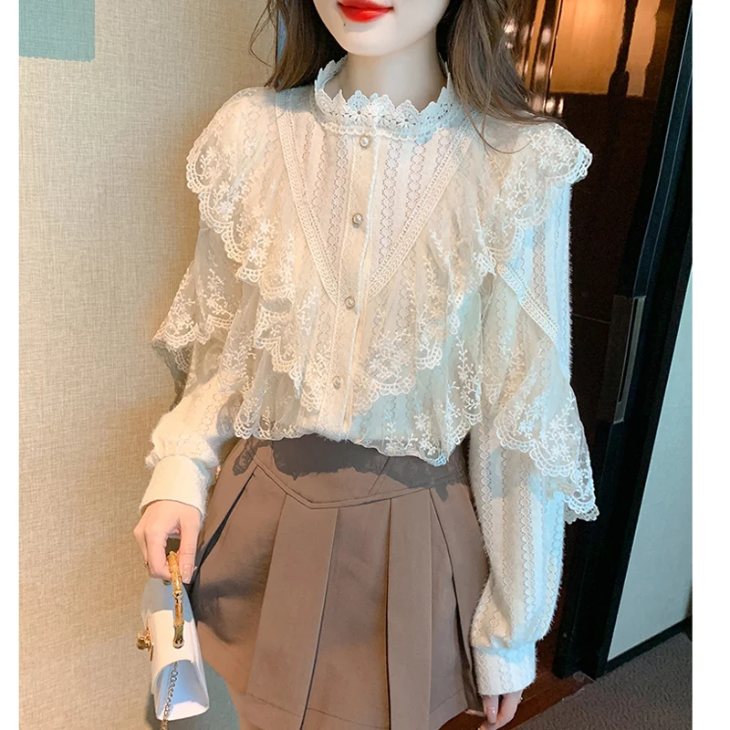 

Элегантная французская женская темпераментная милая кружевная оборка, свободная повседневная рубашка, топы, весенняя офисная женская блузка с длинными рукавами, Blusas