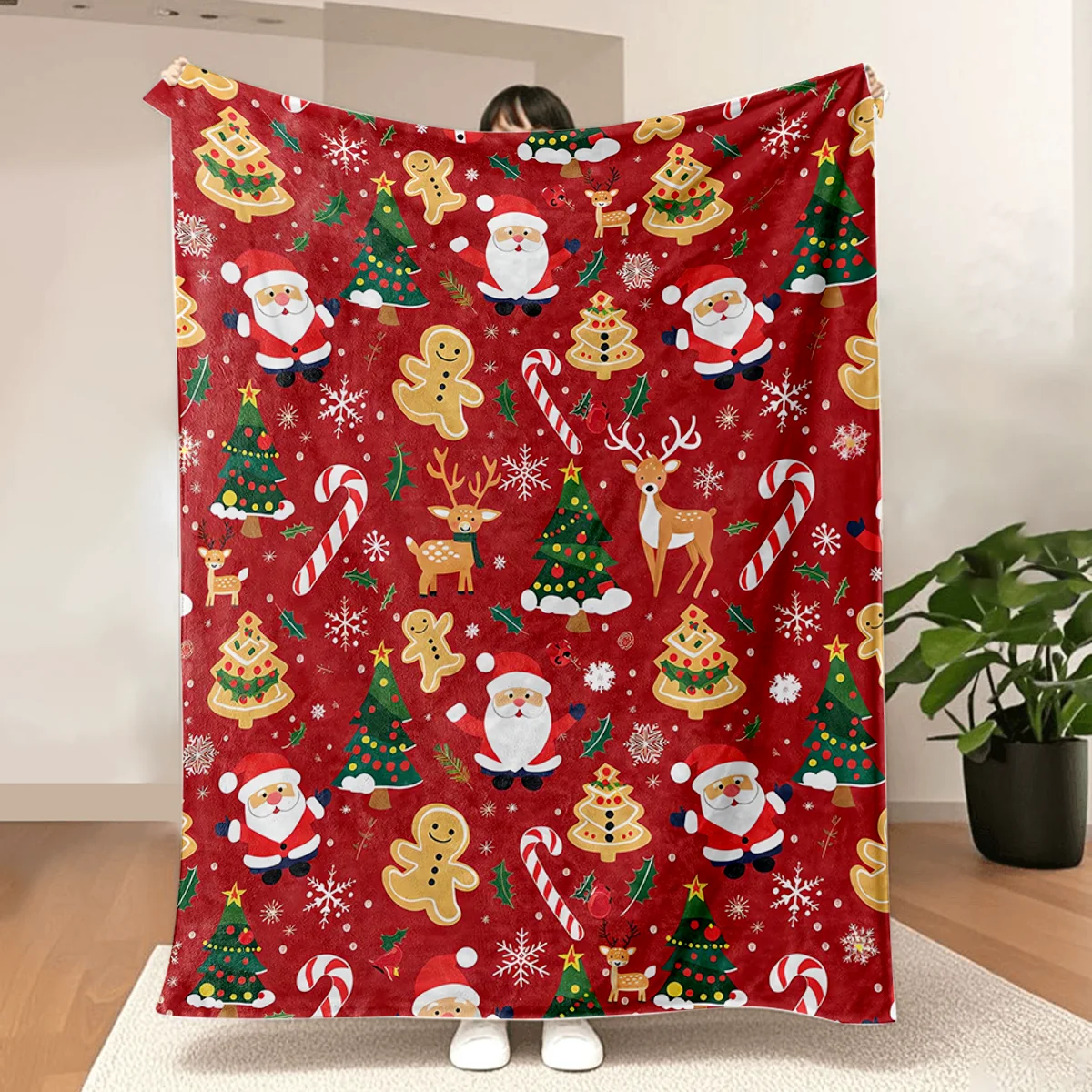 بطانية رمي سانتا الاحتفالية لعيد الميلاد - فائقة النعومة، من الصوف، خفيفة الوزن، الرنة، قصب الحلوى والبطانيات الحمراء لخبز الزنجبيل، لـ Couc