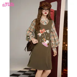 ELFSACK 2024 Autumn New Arrive Brown fake two-piece plaid patchwork print loose slim straight dress for women