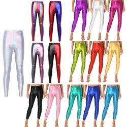 Womens Metallic Faux Leather Leggings Shiny Sexy Slimming Mid Waist Elastic Waistband Skinny Pants for Outdoors Workout Yoga Pub