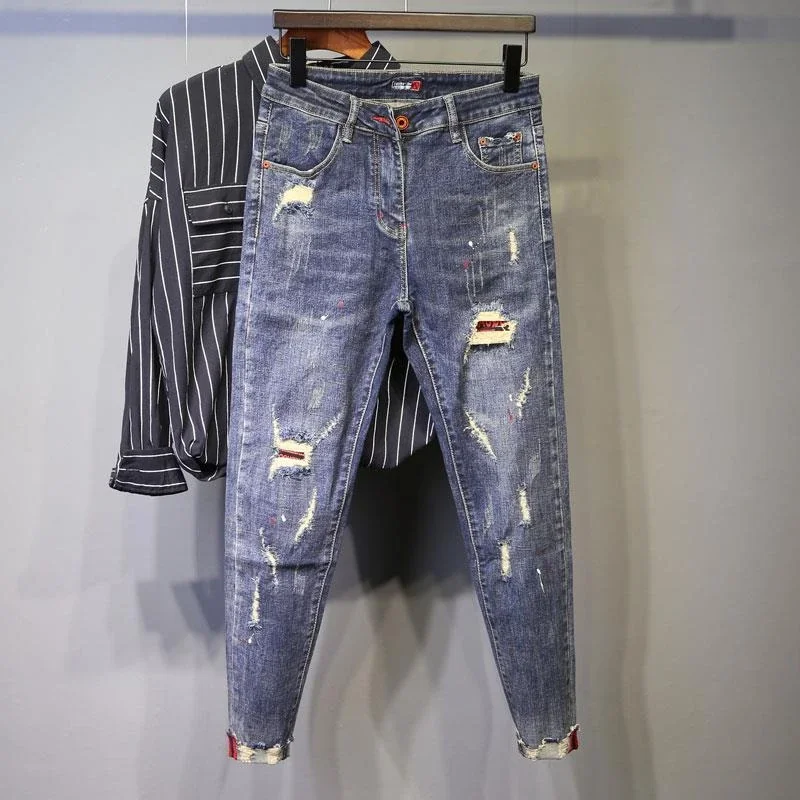 

Man Cowboy Pants Ripped Cropped Trousers with Holes Men's Jeans Broken Torn Tapered Trend 2024 Summer Korean Autumn Harajuku Xs