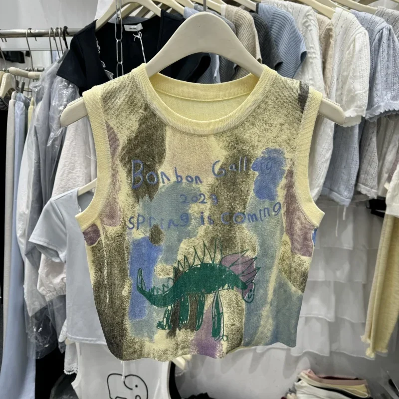 Feminino retro graffiti malha colete verão 2026 novo fino sem mangas regata contraste colorido casual camisola colheita topo