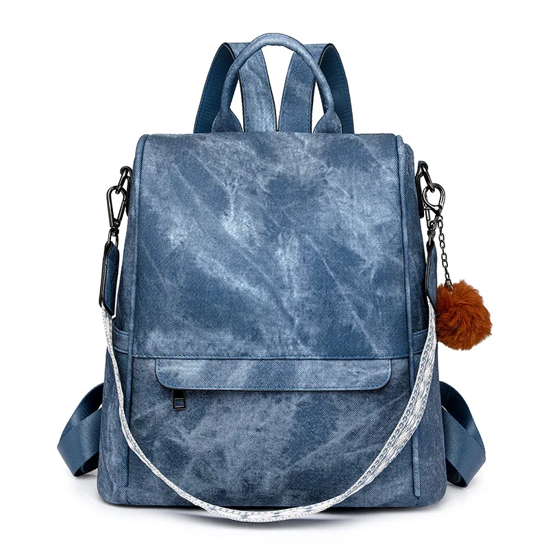 Women's Washed Denim PU Backpack - Convertible Shoulder Bag with Pom Pom Charm, Anti-theft Design for Travel & Daily Use