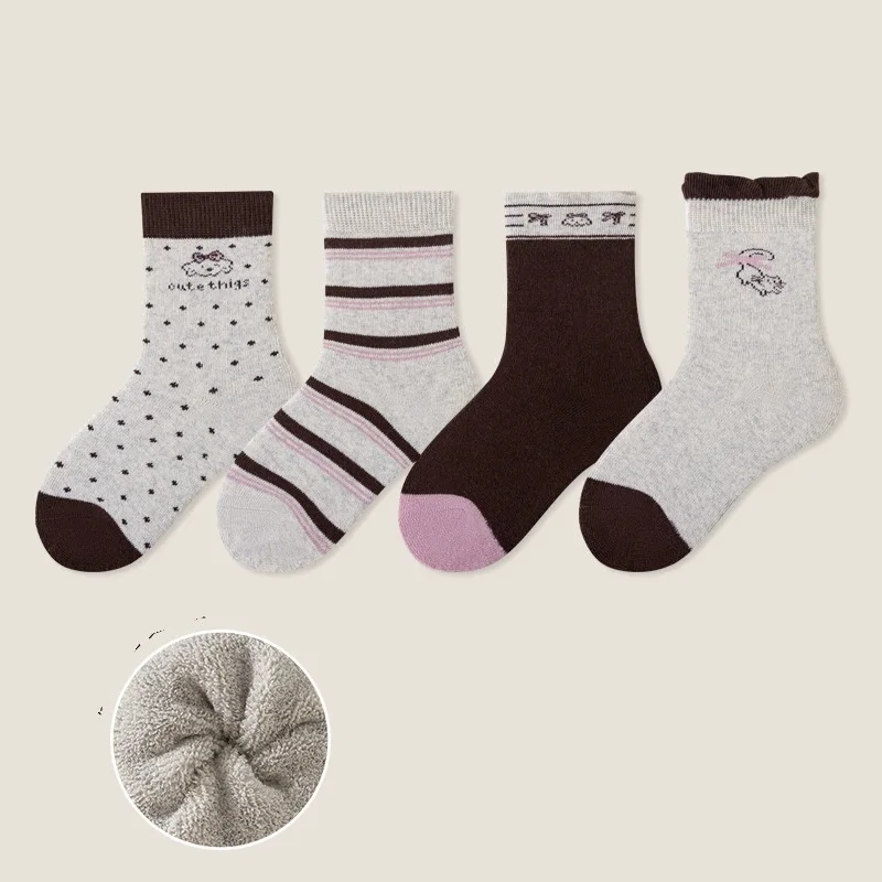 Kids Socks Autumn Spring Winter 76%Cotton Boy Girl Lovely Striped Baby Children Sock 3-12 Year 4Pair/lot Student Warm Velvet