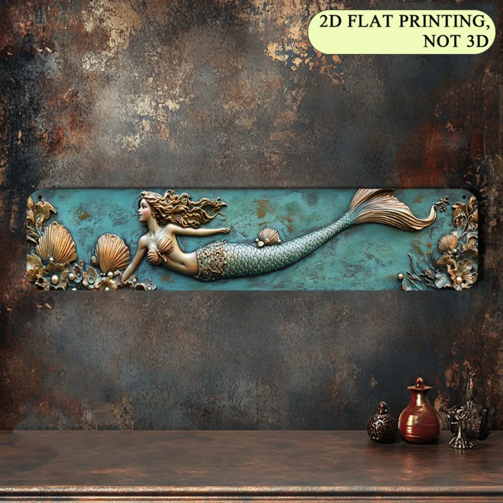 Wall Art Sign - Enchanting Mermaid with Sea Jewels, Turquoise & Golden Coastal Decor for Bedroom, , Perfect for Room Deco