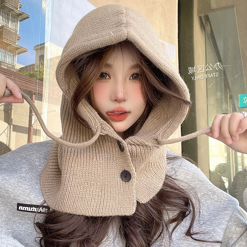 Women Knitted Hooded Caps Winter Balaclava Hats Korean Style Outdoor Warmer Drawstring Hats One-piece Neck Collar Beanies Cap