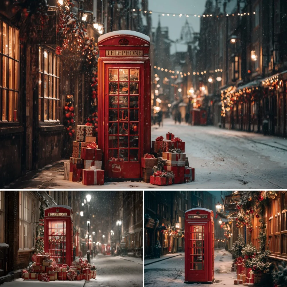 Yeele Photography Backdrop Christmas Street Corner Red Phone Booth Lamps Winter Outdoor Kids Birthday Photo Studio Decor Props