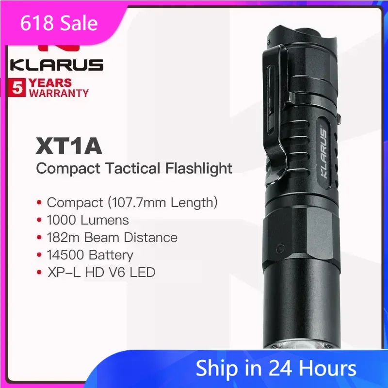 

Klarus XT1A Rechargeable Compact Tactical Flashlight, 1000 Lumens, 14500 Battery, Tail Dual-switch,One-Touch Turbo & Strobe, EDC