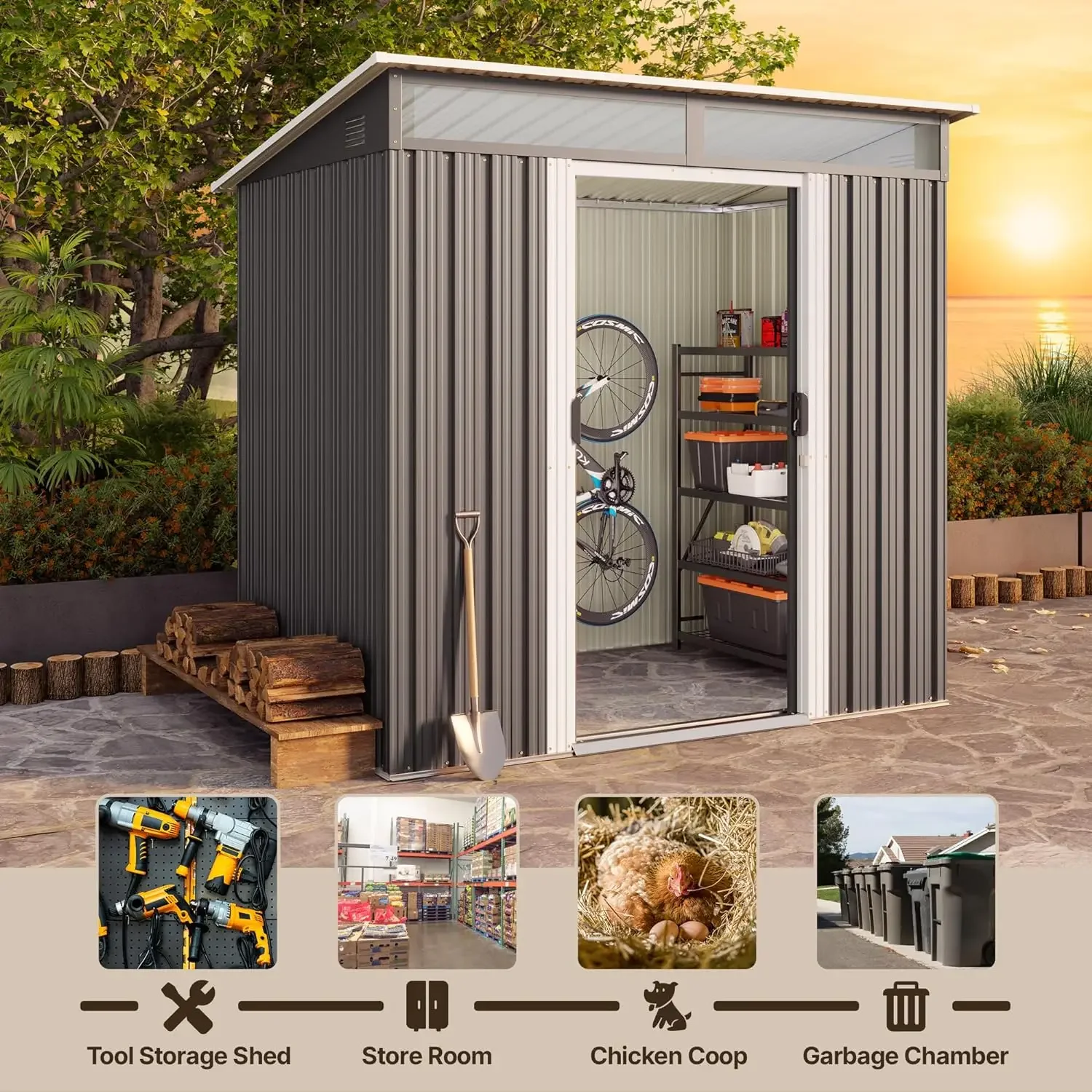 Imagem -05 - Armazenamento Exterior Shed com Portas de Correr Versátil Metal com Âncoras Ferramenta Shed com Painel Transparente Windows Storage Clearance