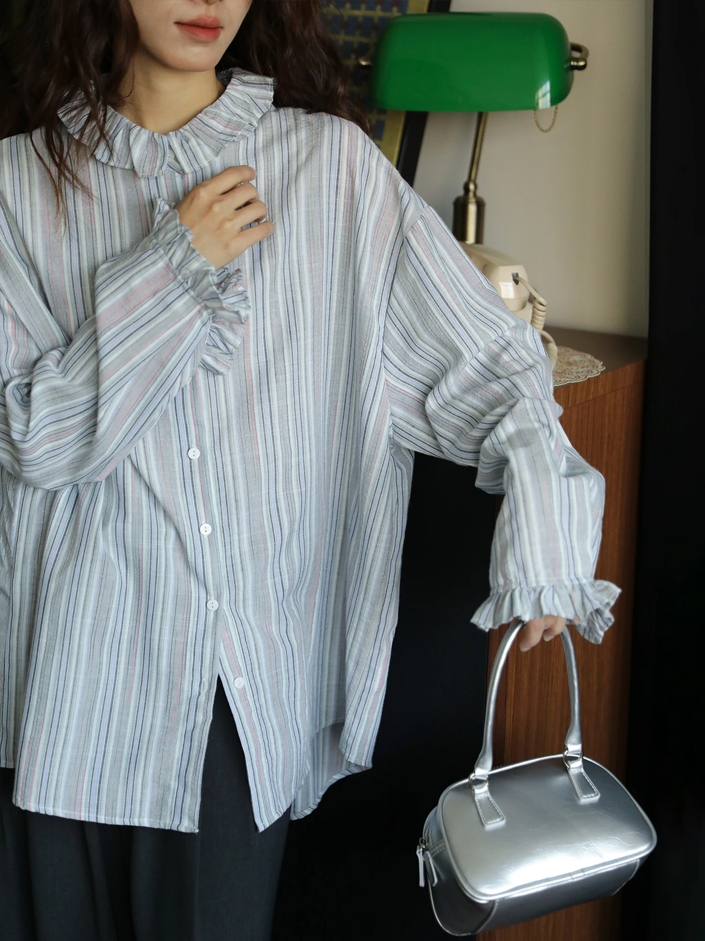 

Retro Striped Loose Long Sve Casual irt Women's Open Cardigan Breathable Cotton Polyester Blend Spring Faion