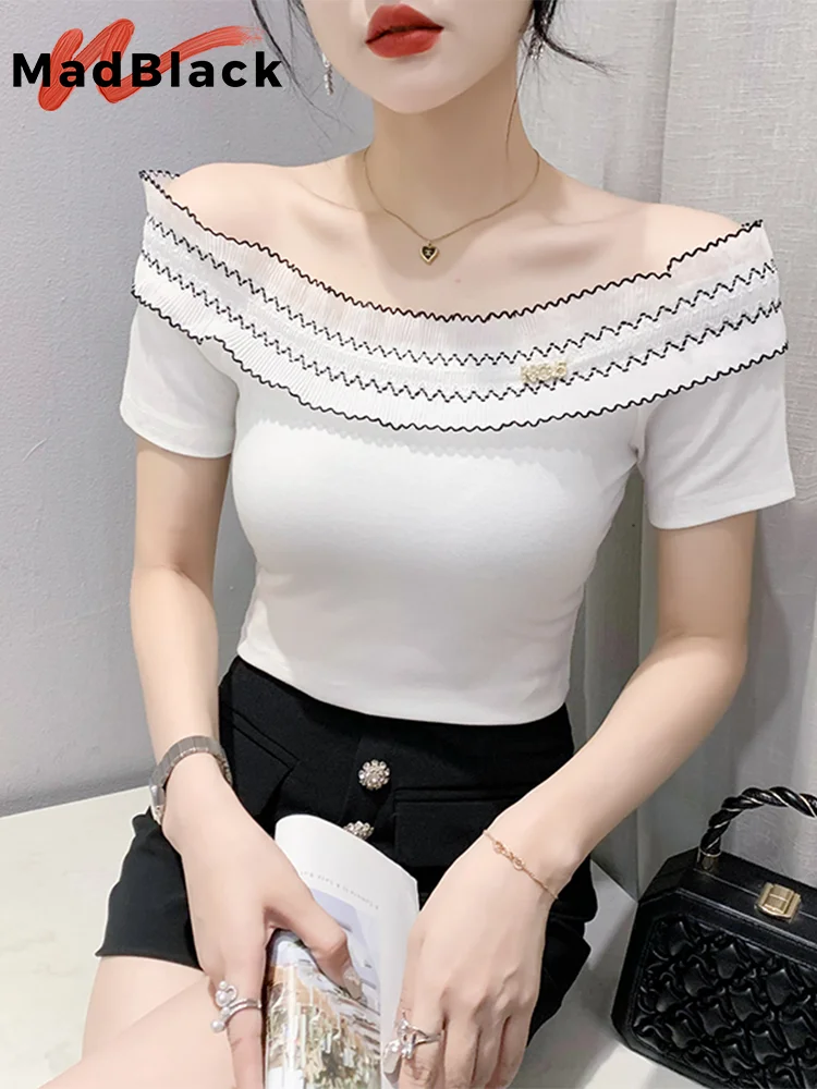 

MadBlack Summer European Clothes T-Shirt Women Sexy Off Shoulder Patchwork Ruffle Tops Short Sleeves All Match Tees New T34734M