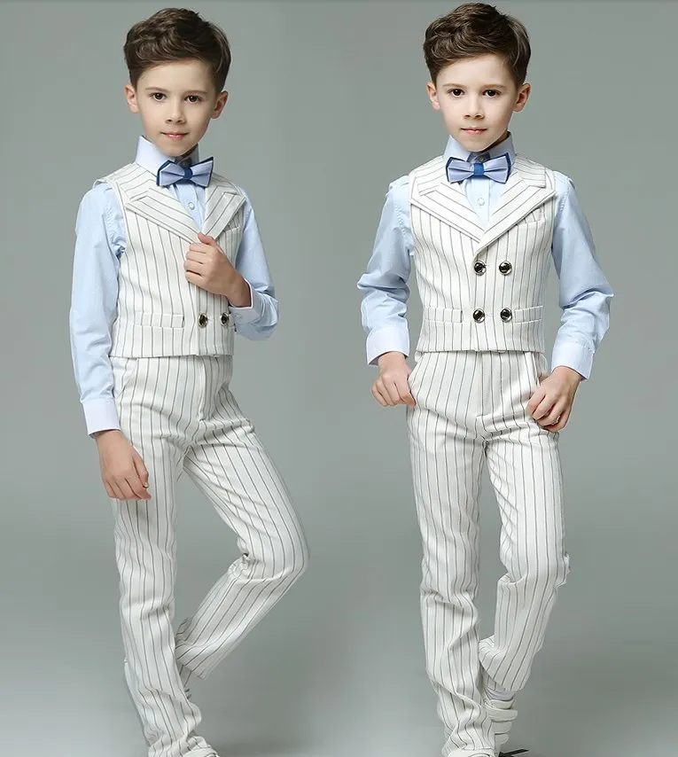 Children White Summer Photography Suit Kids Vest Shirt Pants Bowtie School Uniform Teenager Boys Graduation Performance Costume