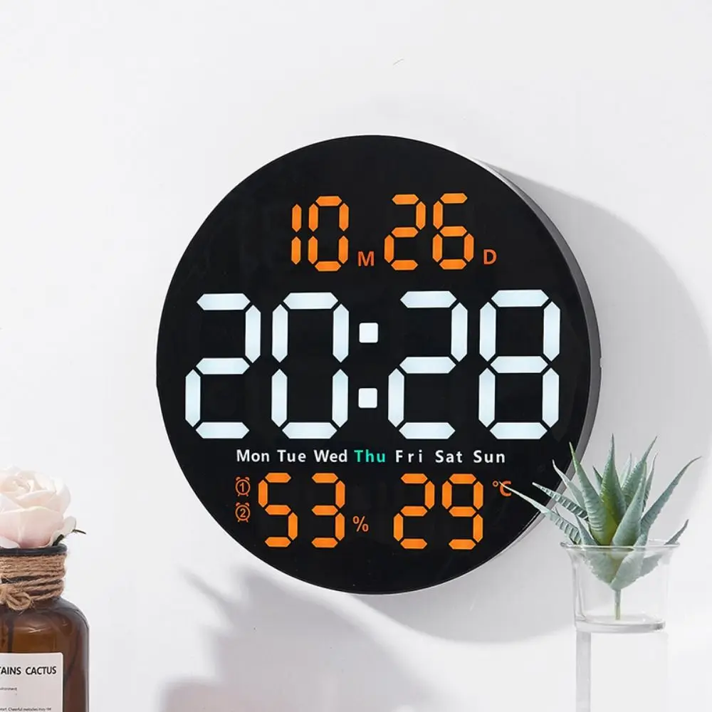 Remote Control 10 Inch LED Wall Clock Brightness Adjustable Temperature/ Humidity Display Hanging Digital Clock