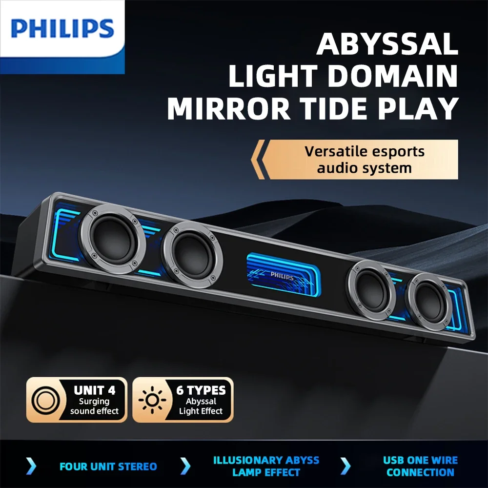 PHILIPS SPA6600 Barra de sonido con subwoofer USB inalámbrico, baja latencia, cuatro unidades, estéreo, RGB, altavoz potente para juegos para cine de música