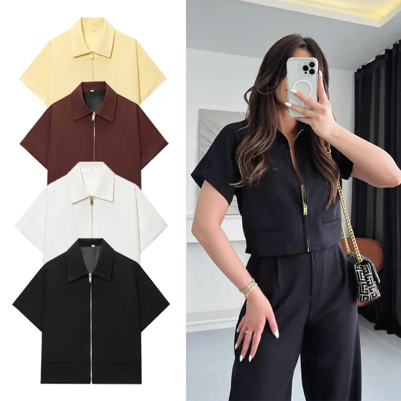 

Women's Jackets Summer Cropped Short-Sleeved Jacket Street Wear Sweatshirt With Zipper Black Zip Up Jacket Casual Short Coats