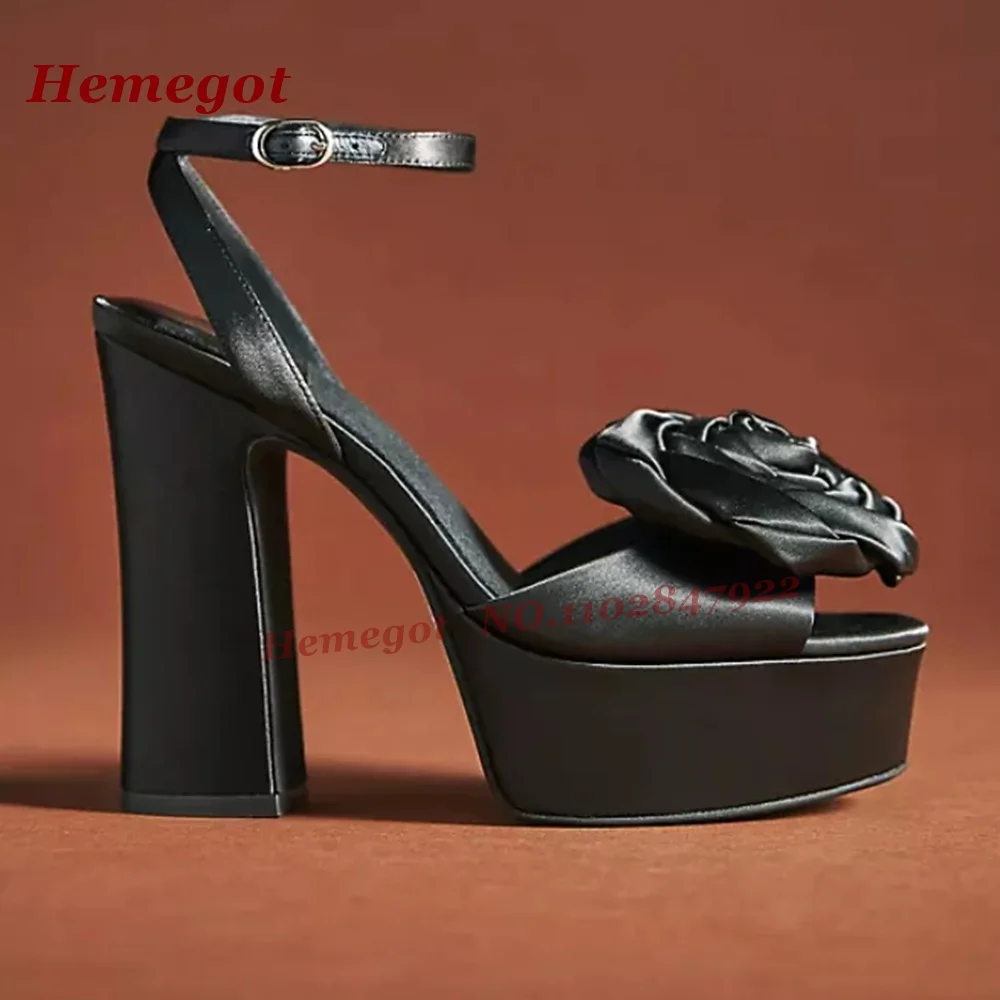 Blue Flower Satin Chunky Heels Sandals Peep Toe Platform Buckle Ankle Strap Women's Sandals Slingback Splicing Runway Shoes Sexy
