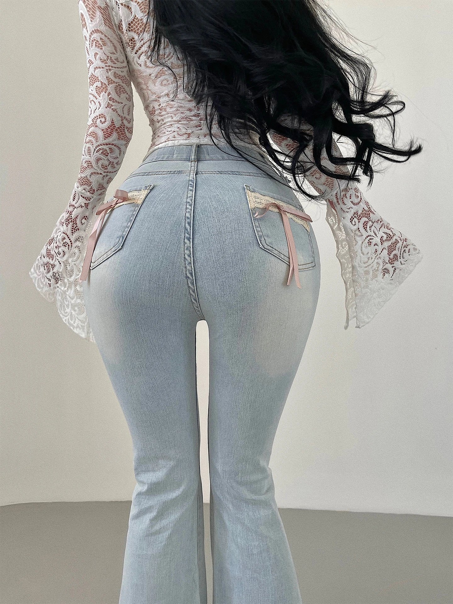 

Korean Comic Spicy Girl High Waist Bell Bottom Denim Pants Long Leg Lengthening Floor Length Trousers Knot Back Pocket